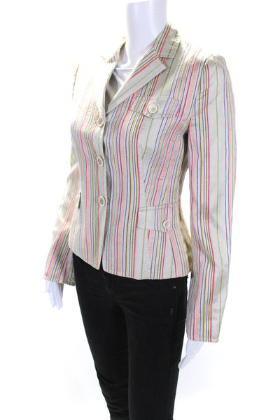 Akris Punto Womens Striped Satin Button Up Blazer Jacket Pink Green Silk Size 4