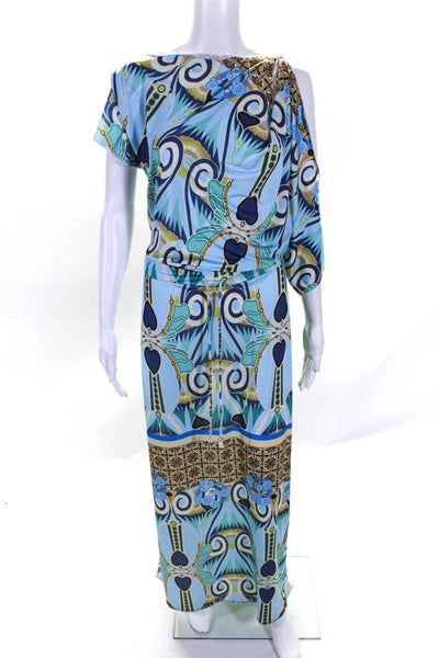 Letarte Womens Abstract Cold Shoulder Drawstring Waist Maxi Dress Blue Small