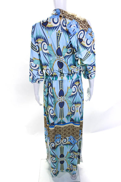 Letarte Womens Abstract Cold Shoulder Drawstring Waist Maxi Dress Blue Small