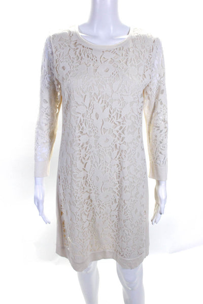 Magaschoni Womens Knit Burnout Long Sleeve Sheath Dress Ivory Silk Size Small