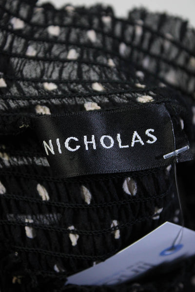 Nicholas Womens Polka Dot Shirred Mock Neck Long Sleeved Top Black Beige Size 6