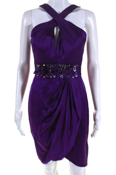 Theia Womens Floral Sequin Belt Crossed Strap A Line Pleated Dress Purple Size 2