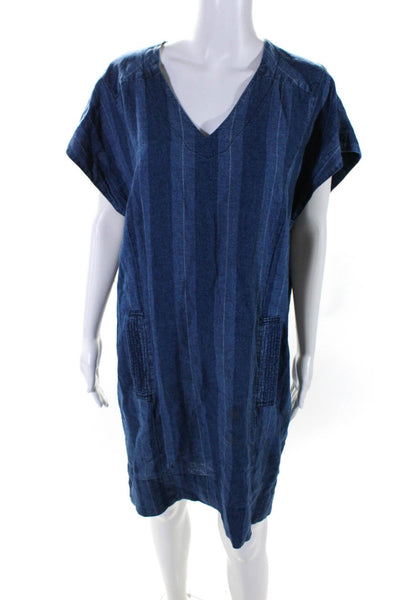 Joie Womens Striped V-Neck Short Sleeve Pullover Shift Dress Blue Size M