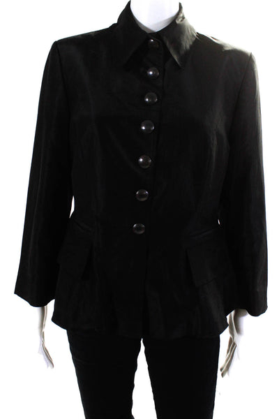 Pauw Womens Silk Collared Ruffle Hem Long Sleeve Button Up Blazer Black Size 4