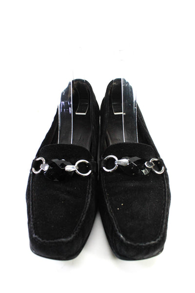 Stuart Weitzman Womens Suede Buckled Gem Stoned Apron Toe Loafers Black Size 8