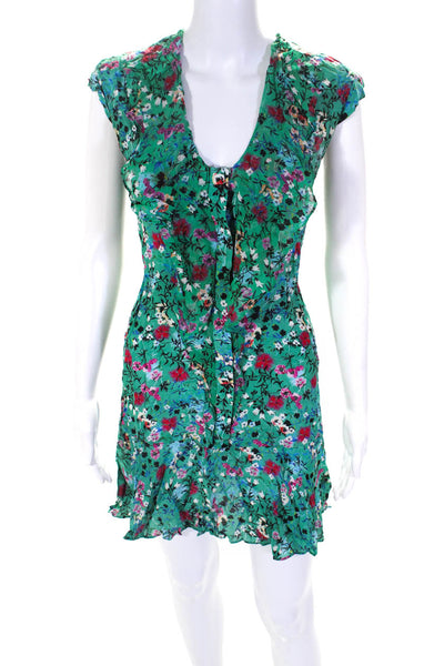 Saloni Women's Silk Floral Print Ruffle Trim Shift Dress Green Size 6
