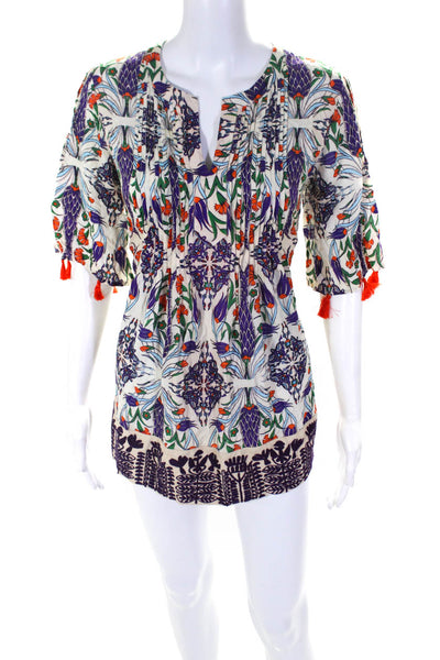 Hermant & Nandita Womens Floral V-Neck Tassel Trim Shift Dress Multicolor Size S