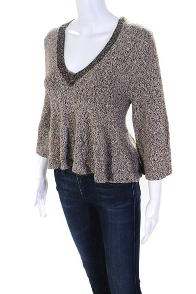 Apiece Apart Women's V-Neck Flounce Hem Long Sleeve Sweater Brown Size XS