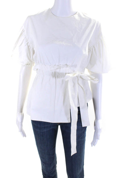 Gracia Women's Round Neck Puff Sleeves Tie Waist Blouse White Size S