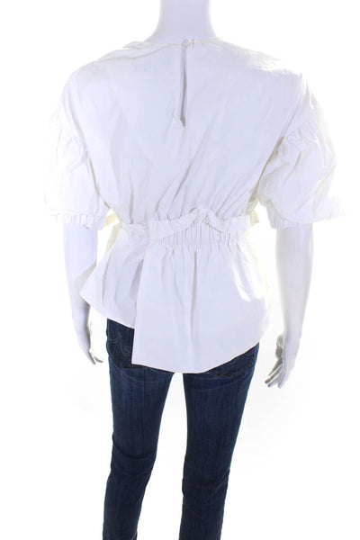 Gracia Women's Round Neck Puff Sleeves Tie Waist Blouse White Size S