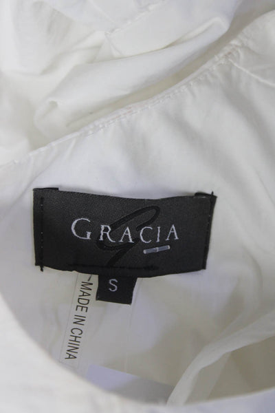 Gracia Women's Round Neck Puff Sleeves Tie Waist Blouse White Size S