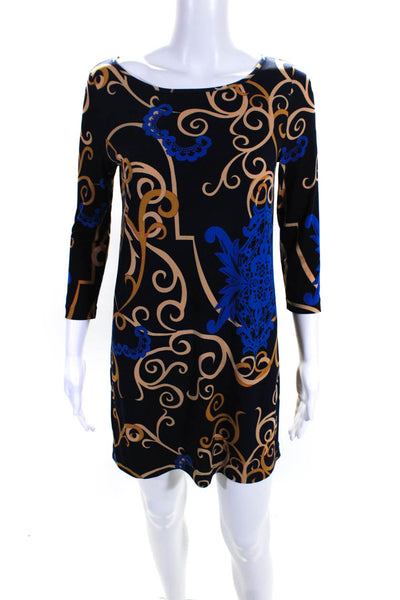 Tibi Womens 3/4 Sleeve Scoop Neck Printed Knit Mini Dress Navy Blue Size XS