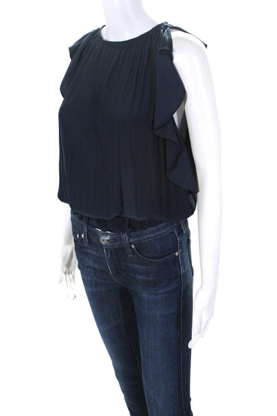 Ramy Brook Womens Satin Smocked Waist Cold Shoulder Sleeve Blouse Navy Size XS