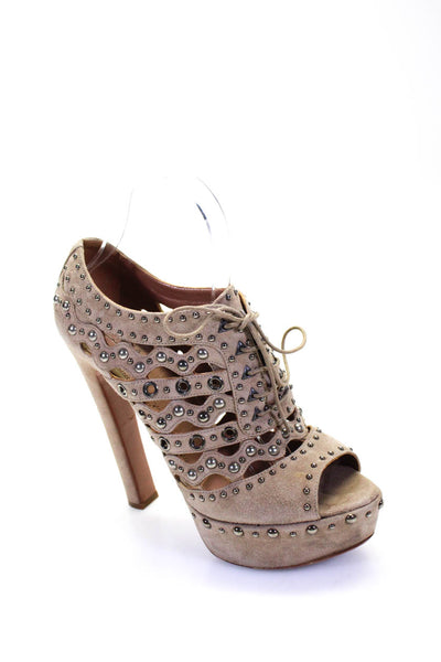 Alaia Womens Lace Up Grommet Studded Strappy Sandals Brown Suede Size 38