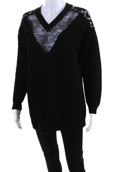 Valentino Womens Lace Trim Ribbed Knit Crew Neck Sweater Black Wool Size XS