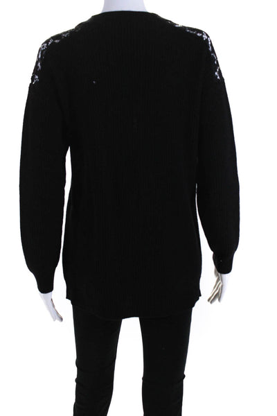 Valentino Womens Lace Trim Ribbed Knit Crew Neck Sweater Black Wool Size XS