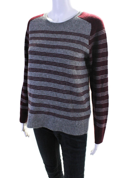 Lilla P Womens Striped Crew Neck Sweater Gray Maroon Cashmere Size Medium