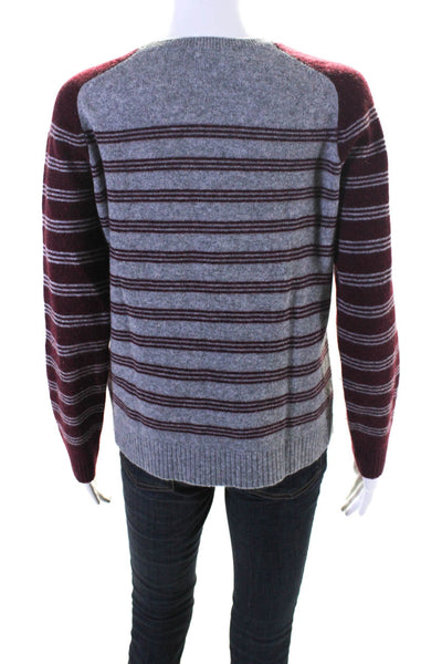 Lilla P Womens Striped Crew Neck Sweater Gray Maroon Cashmere Size Medium