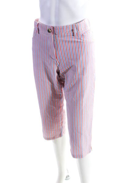 Maria Valois Womens Seersucker Stripe Crop Capri Pants Red Blue White Size 8