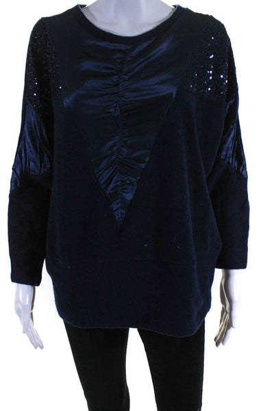 Tsunoda Womens Sequin Satin Trim Scoop Neck Sweater Navy Blue Wool Size Large
