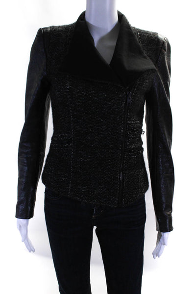 Maje Womens Black Wool Leather Long Sleeve Full Zip Motorcycle Jacket Size 38