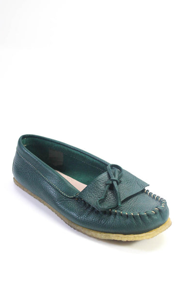 J Crew Womens Leather Bow Front Slip On Moccasin Loafers Flats Green Size 7.5
