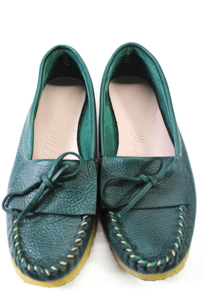 J Crew Womens Leather Bow Front Slip On Moccasin Loafers Flats Green Size 7.5