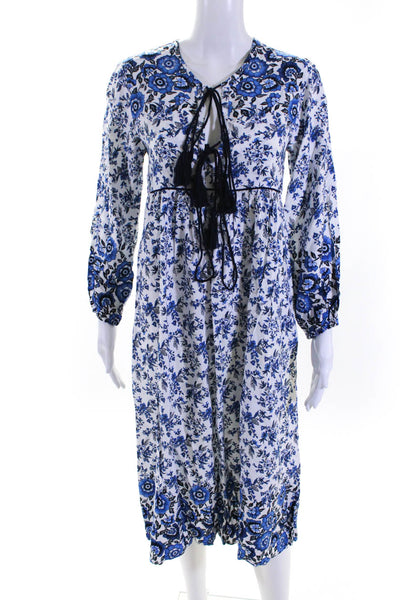 R. Vivimos Womens Floral Tie Front V-Neck A-Line Maxi Dress Blue White Size XS