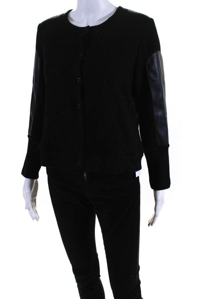 Drew Womens Button Up Faux Leather Trim Cardigan Sweater Black Size Medium