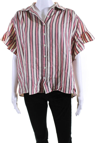 The Great Womens Button Front Short Sleeve Collared Striped Shirt White Pink 1