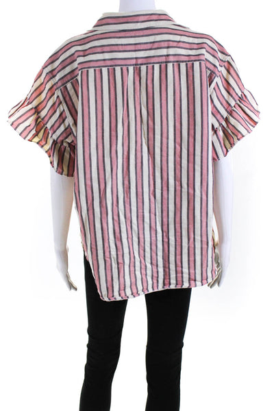 The Great Womens Button Front Short Sleeve Collared Striped Shirt White Pink 1