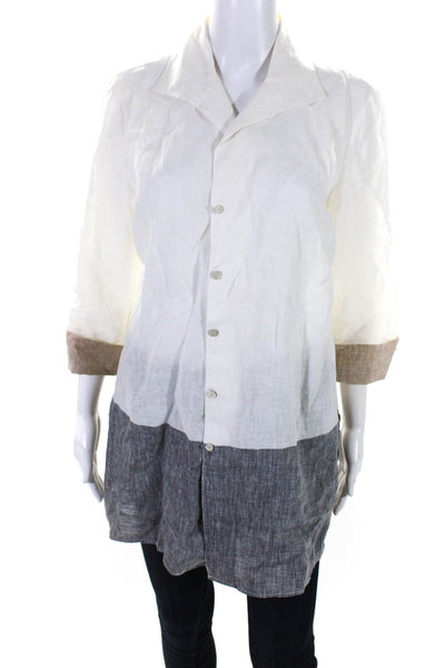 Paper White Womens Linen Button Down Long Sleeves Shirt White Black Size 10