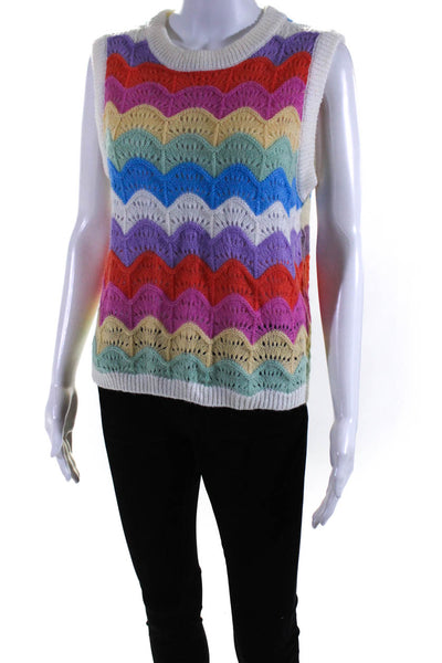 FRNCH Womens Crew Neck Knit Striped Top White Multi Size Small