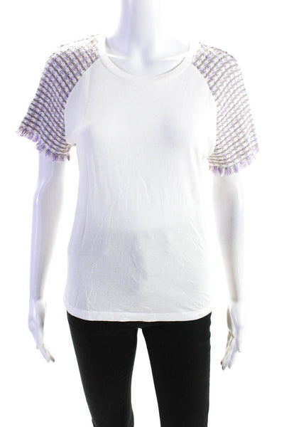 Maje Womens Plaid Knit Short Sleeved Round Neck T Shirt White Purple Size S