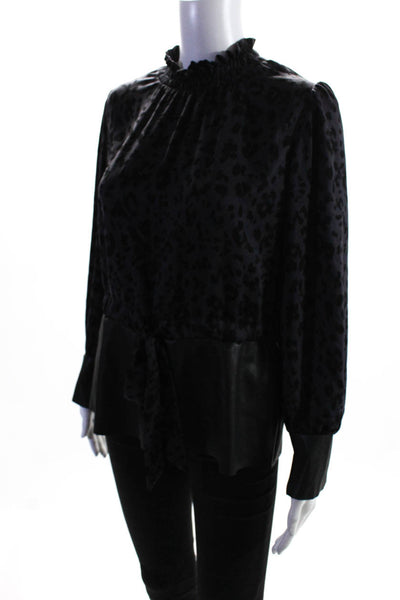 Drew Womens Leopard Print Faux Leather Bow Mock Neck Blouse Blue Black Size S