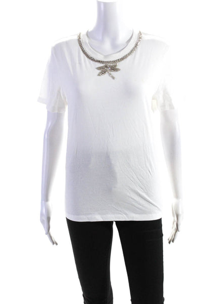Maje Womens Rhinestone Beaded Round Neckline Short Sleeved T Shirt White Size 3