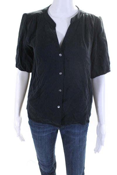 Amour Vert Womens Button Down Short Sleeves Blouse Navy Blue Size Extra Small