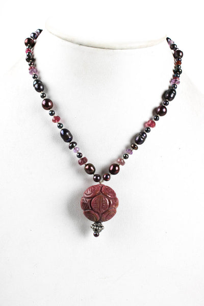 Designer Womens Carved Rhodonite Mother Of Pearl Beaded Necklace Mauve Purple