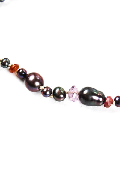 Designer Womens Carved Rhodonite Mother Of Pearl Beaded Necklace Mauve Purple