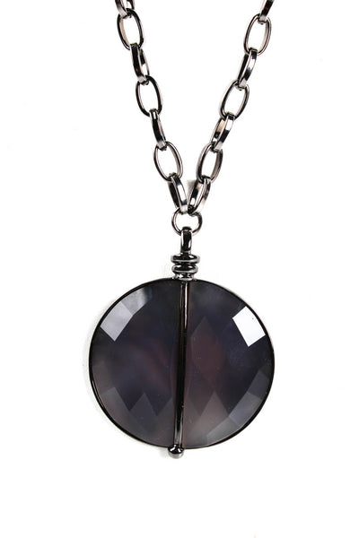 Paige Novick Gunmetal Leather Agate Crystal Round Pendant Necklace Gray
