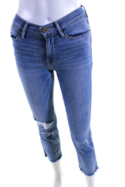 Frame Denim Womens High Rise Distressed Fringe Straight Leg Jeans Blue Size 24