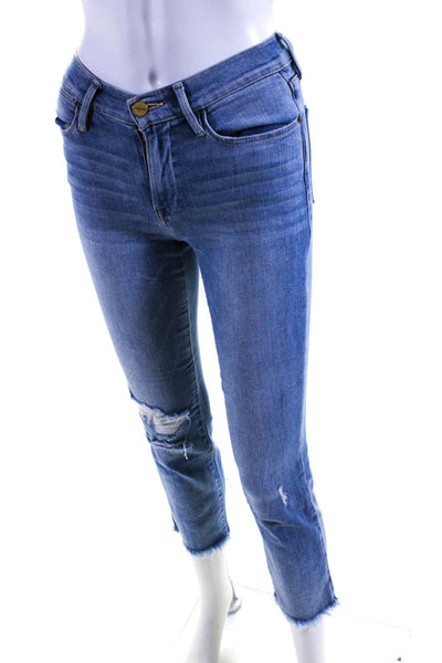 Frame Denim Womens High Rise Distressed Fringe Straight Leg Jeans Blue Size 24
