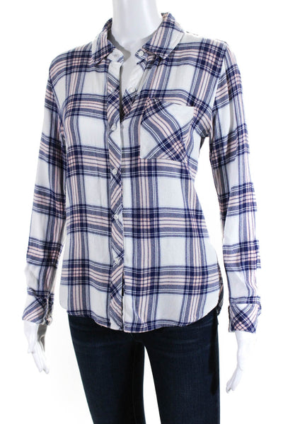Rails Womens Plaid Long Sleeved Collar Button Down Shirt White Blue Pink Size XS