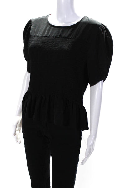 Joes Jeans Womens Short Sleeve Crew Neck Smocked Satin Top Black Size Large