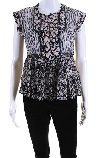 Rebecca Taylor Womens Sleeveless V Neck Floral Abstract Top Beige Black Small