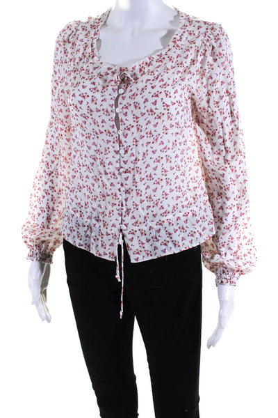 Intermix Womens Long Sleeve V Neck Floral Silk Shirt White Pink Size Petite