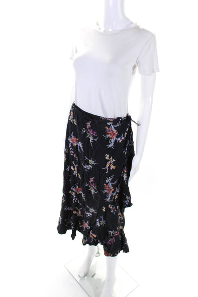 Paige Womens Floral Print Ruffle Hem Tie Closure Wrap Maxi Skirt Black Size M