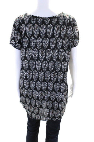 Pure DKNY Womens Leaf Graphic Print Short Sleeve Ruched Tunic Black White Size L