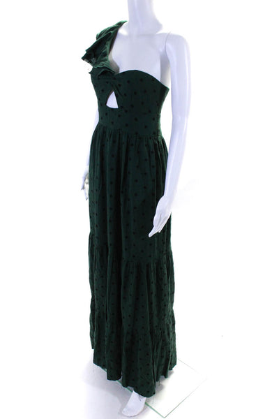 Tularosa Womens Linen Polka Dot One Shoulder Dress Green Black Size Small