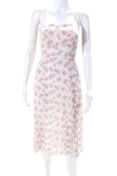 Intermix Womens Spaghetti Strap Square Neck Floral Midi Dress White Pink Silk 0